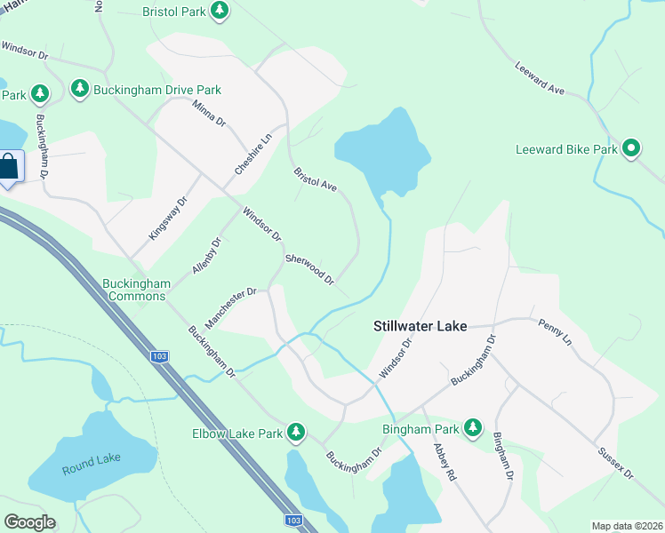 map of restaurants, bars, coffee shops, grocery stores, and more near 16 Sherwood Drive in Stillwater Lake