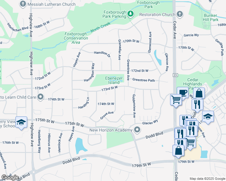 map of restaurants, bars, coffee shops, grocery stores, and more near 17335 Grove Avenue in Lakeville