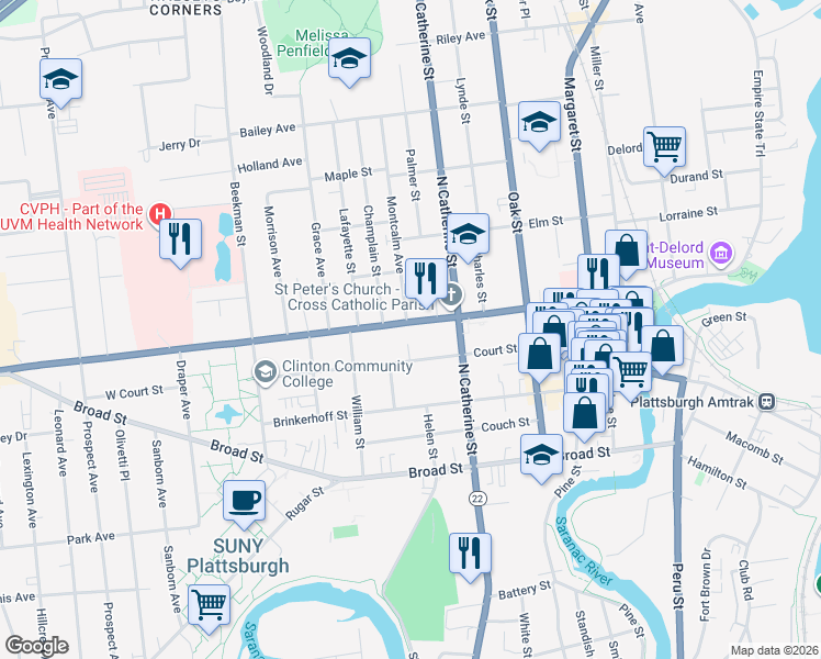 map of restaurants, bars, coffee shops, grocery stores, and more near 131 Cornelia Street in Plattsburgh