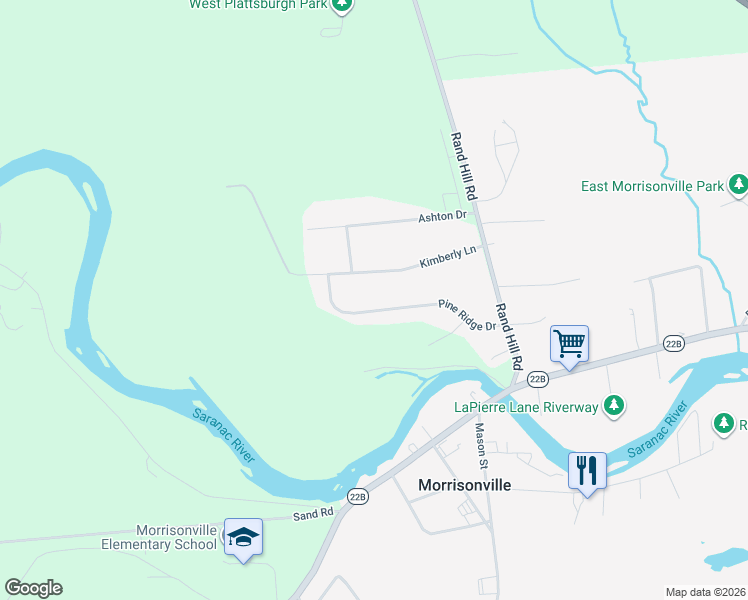 map of restaurants, bars, coffee shops, grocery stores, and more near 30 Pine Ridge Drive in Morrisonville