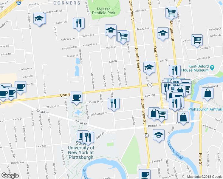map of restaurants, bars, coffee shops, grocery stores, and more near New York 3 & William Street in Plattsburgh