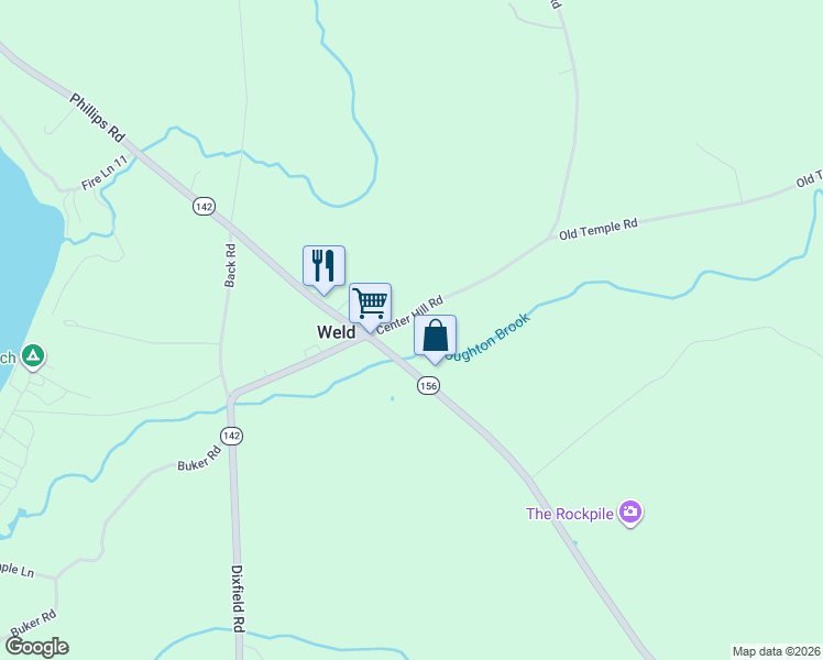 map of restaurants, bars, coffee shops, grocery stores, and more near 9 Center Hill Road in Weld