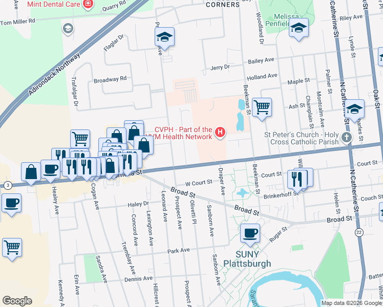 map of restaurants, bars, coffee shops, grocery stores, and more near 8 Addoms Street in Plattsburgh