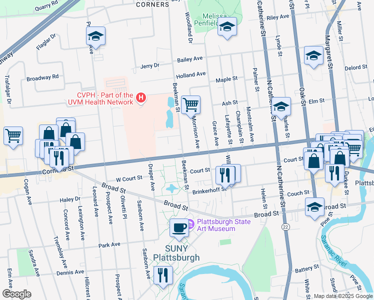 map of restaurants, bars, coffee shops, grocery stores, and more near 58 Beekman Street in Plattsburgh