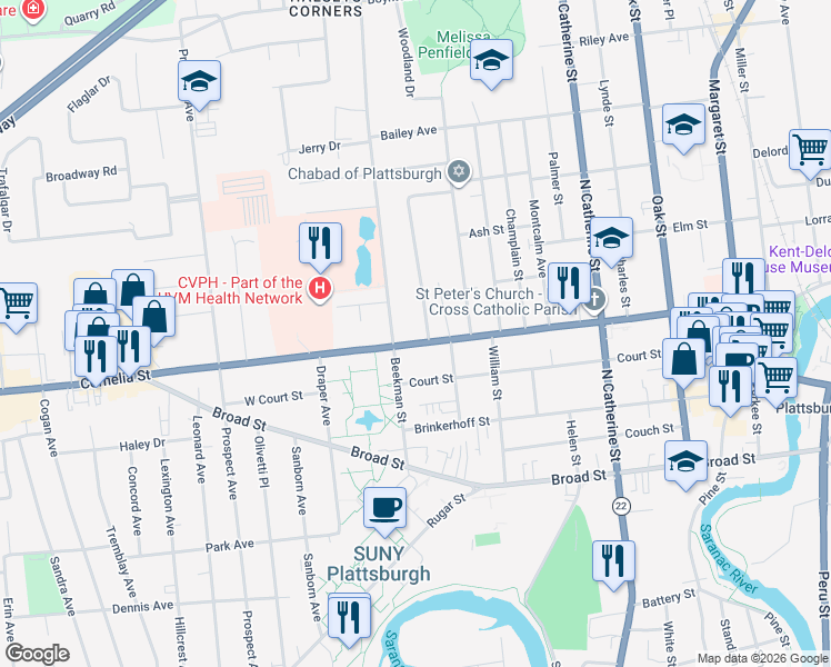 map of restaurants, bars, coffee shops, grocery stores, and more near 186 Cornelia Street in Plattsburgh