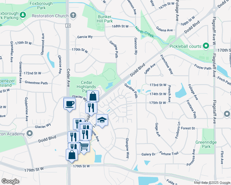 map of restaurants, bars, coffee shops, grocery stores, and more near 17401 Gettysburg Way in Lakeville