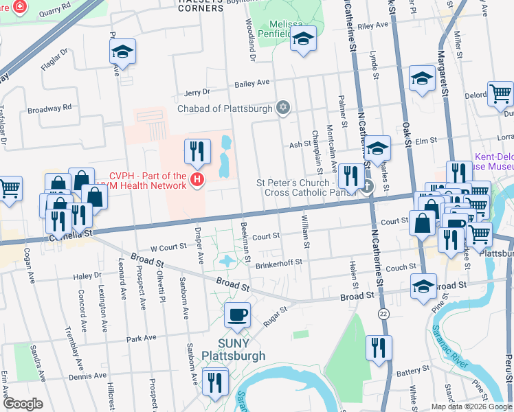 map of restaurants, bars, coffee shops, grocery stores, and more near 186 Cornelia Street in Plattsburgh