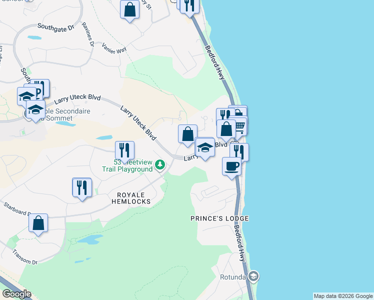 map of restaurants, bars, coffee shops, grocery stores, and more near 53 Bedros Lane in Halifax