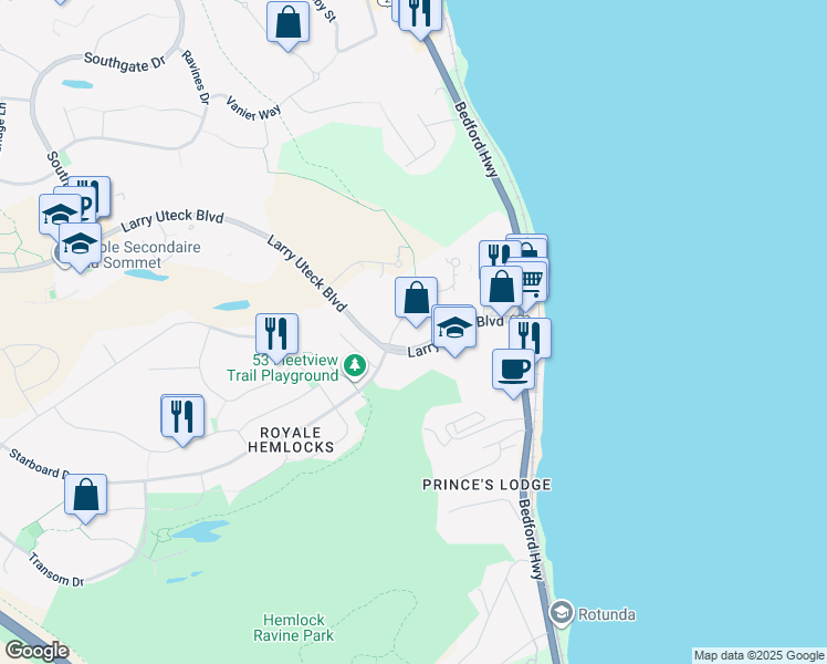 map of restaurants, bars, coffee shops, grocery stores, and more near 53 Bedros Lane in Halifax