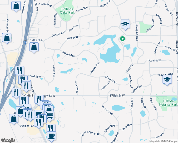 map of restaurants, bars, coffee shops, grocery stores, and more near 17285 Jasper Trail in Lakeville