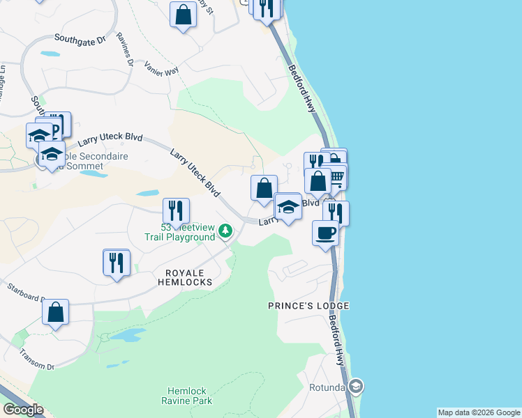 map of restaurants, bars, coffee shops, grocery stores, and more near 53 Bedros Lane in Halifax