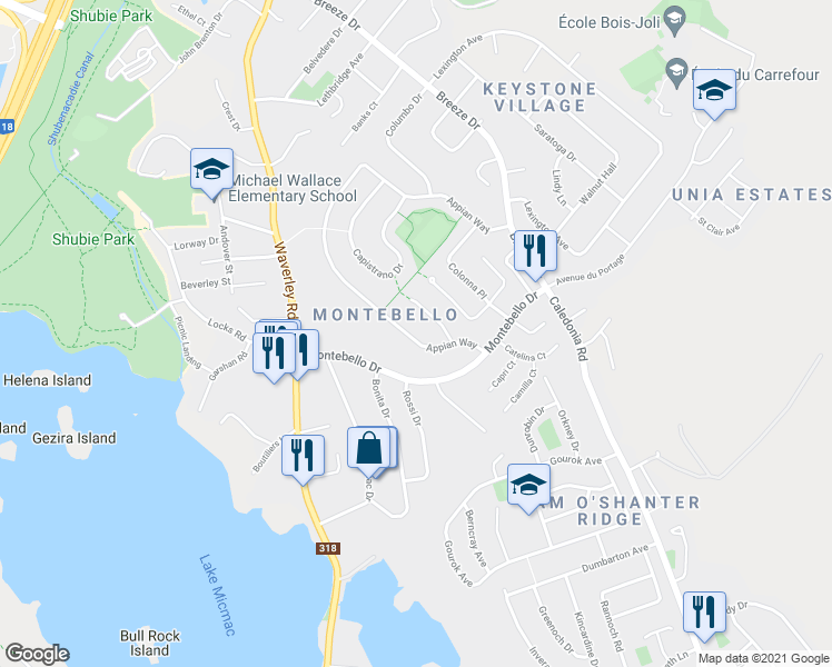 map of restaurants, bars, coffee shops, grocery stores, and more near 20 Appian Way in Dartmouth