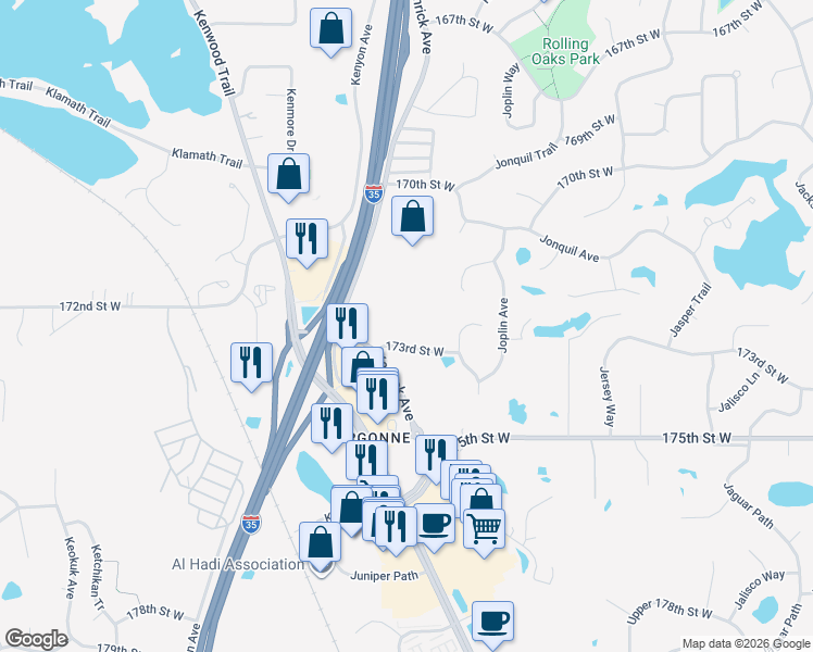 map of restaurants, bars, coffee shops, grocery stores, and more near 10805 173rd Street West in Lakeville