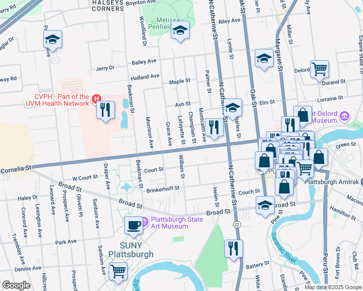 map of restaurants, bars, coffee shops, grocery stores, and more near in Plattsburgh
