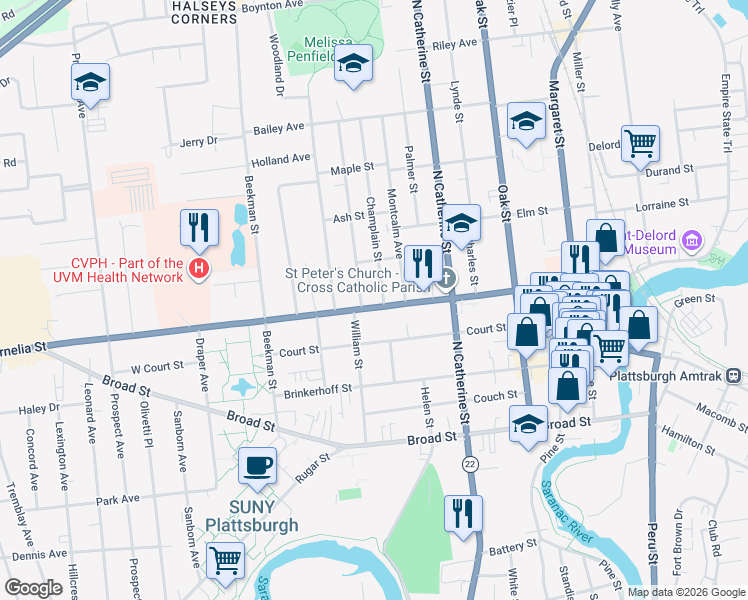 map of restaurants, bars, coffee shops, grocery stores, and more near 148 Cornelia Street in Plattsburgh
