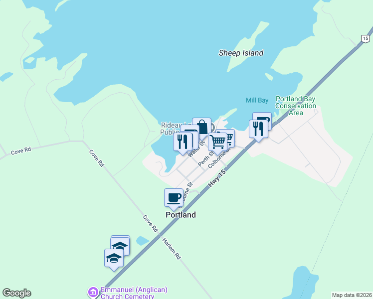map of restaurants, bars, coffee shops, grocery stores, and more near 15 Water Street in Portland
