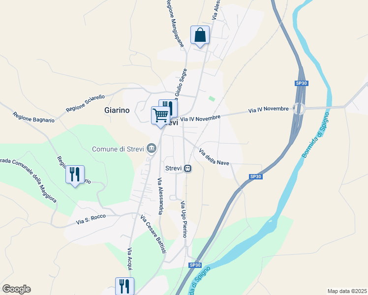 map of restaurants, bars, coffee shops, grocery stores, and more near 1 Via Roma in Strevi