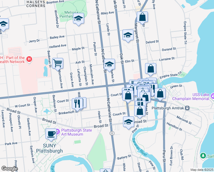 map of restaurants, bars, coffee shops, grocery stores, and more near Cornelia St & N Catherine St in Plattsburgh