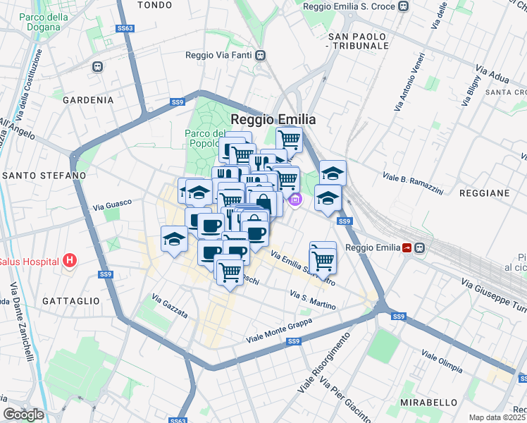 map of restaurants, bars, coffee shops, grocery stores, and more near 6 Via Roma in Reggio Emilia