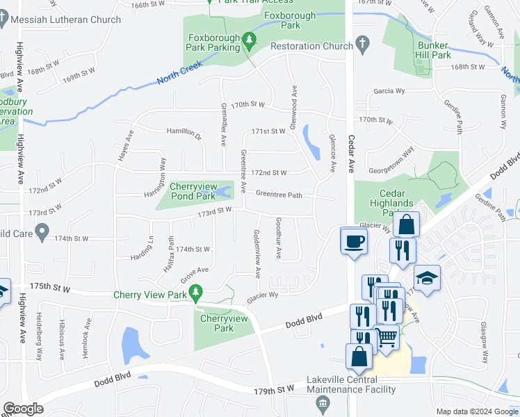 map of restaurants, bars, coffee shops, grocery stores, and more near 7781 173rd Street West in Lakeville