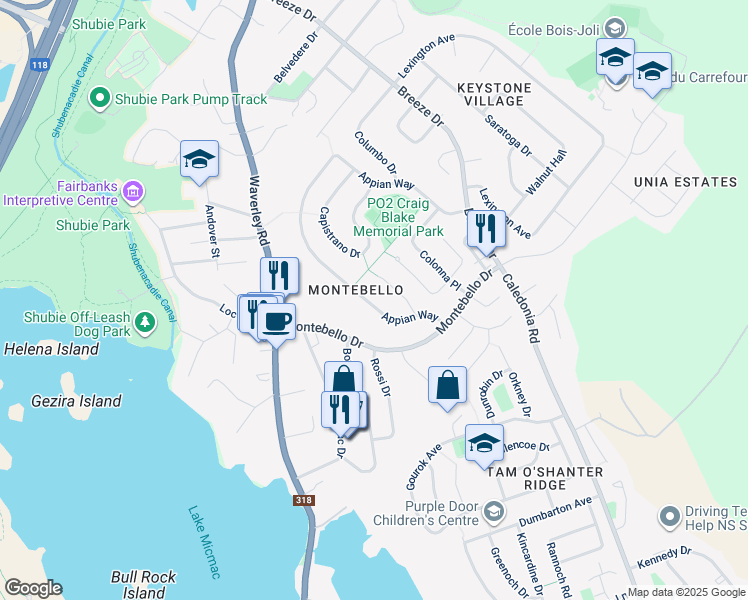 map of restaurants, bars, coffee shops, grocery stores, and more near 20 Appian Way in Dartmouth