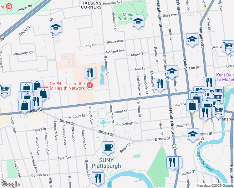 map of restaurants, bars, coffee shops, grocery stores, and more near 186-188 Cornelia Street in Plattsburgh