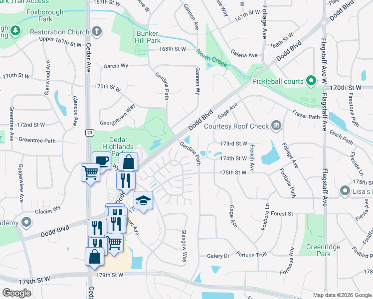 map of restaurants, bars, coffee shops, grocery stores, and more near 17361 Gettysburg Way in Lakeville