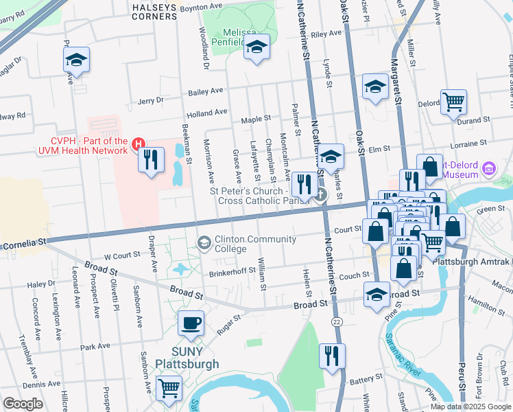 map of restaurants, bars, coffee shops, grocery stores, and more near in Plattsburgh