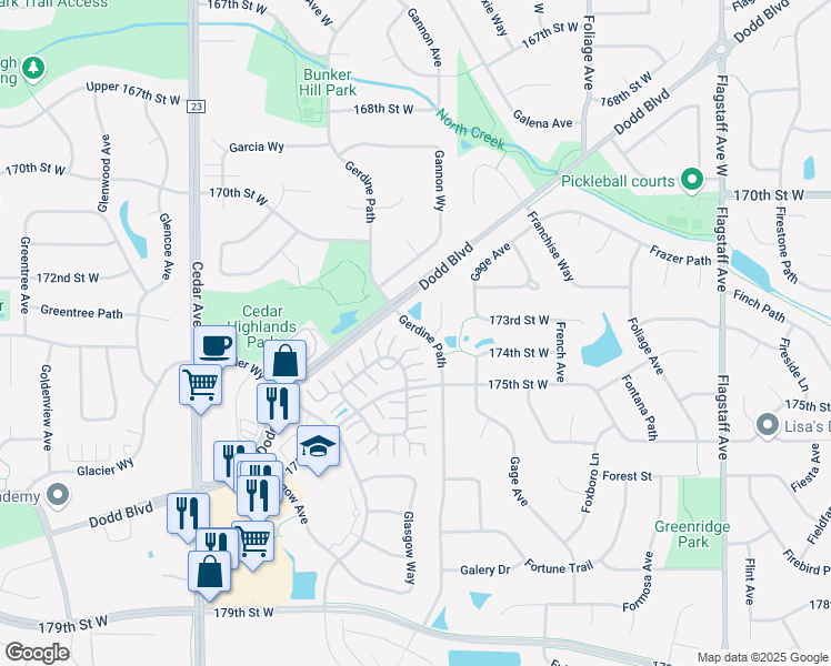 map of restaurants, bars, coffee shops, grocery stores, and more near 17361 Gettysburg Way in Lakeville