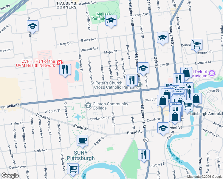 map of restaurants, bars, coffee shops, grocery stores, and more near in Plattsburgh