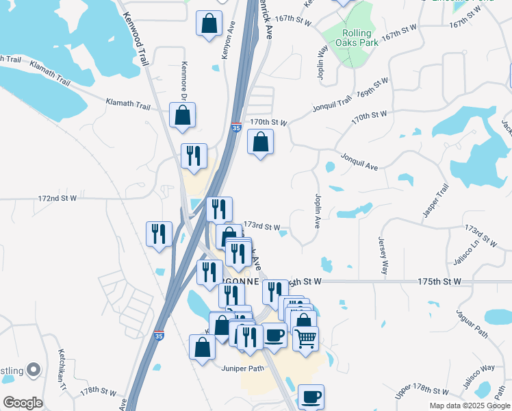 map of restaurants, bars, coffee shops, grocery stores, and more near 10900 173rd Street West in Lakeville