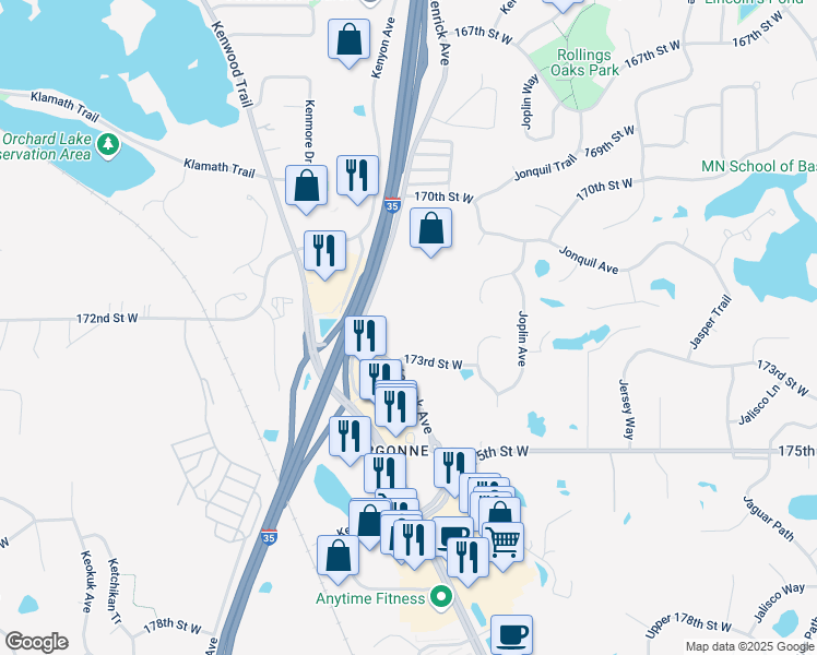 map of restaurants, bars, coffee shops, grocery stores, and more near 10805 173rd Street West in Lakeville