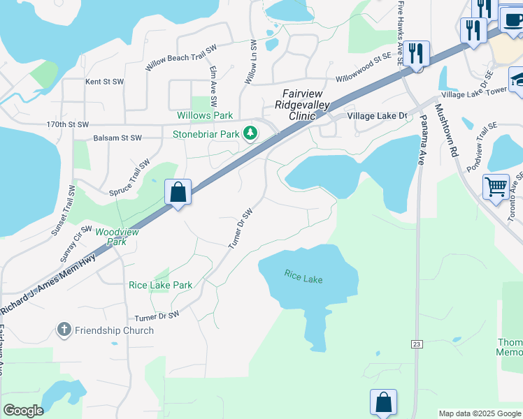 map of restaurants, bars, coffee shops, grocery stores, and more near 3770 Turner Drive Southwest in Prior Lake