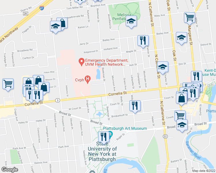 map of restaurants, bars, coffee shops, grocery stores, and more near 11 Morrison Avenue in Plattsburgh