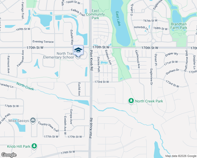 map of restaurants, bars, coffee shops, grocery stores, and more near 17205 Encina Path in Farmington