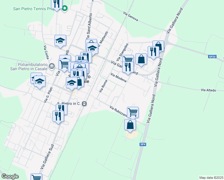 map of restaurants, bars, coffee shops, grocery stores, and more near 127 Via Modena in San Pietro In Casale