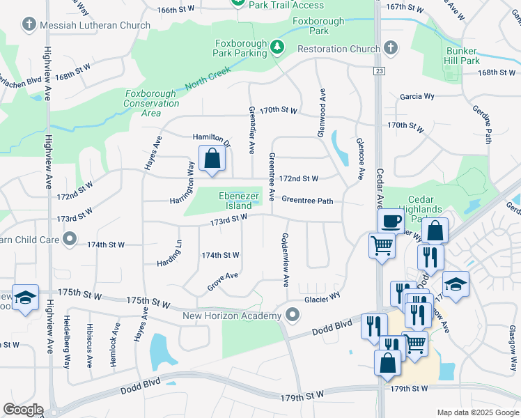 map of restaurants, bars, coffee shops, grocery stores, and more near 17235 Greentree Avenue in Lakeville
