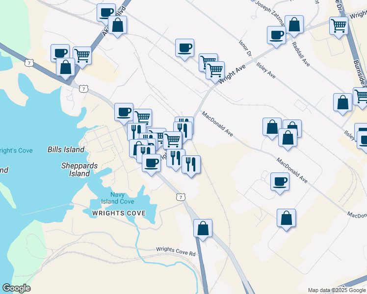 map of restaurants, bars, coffee shops, grocery stores, and more near 40 Wright Avenue in Dartmouth