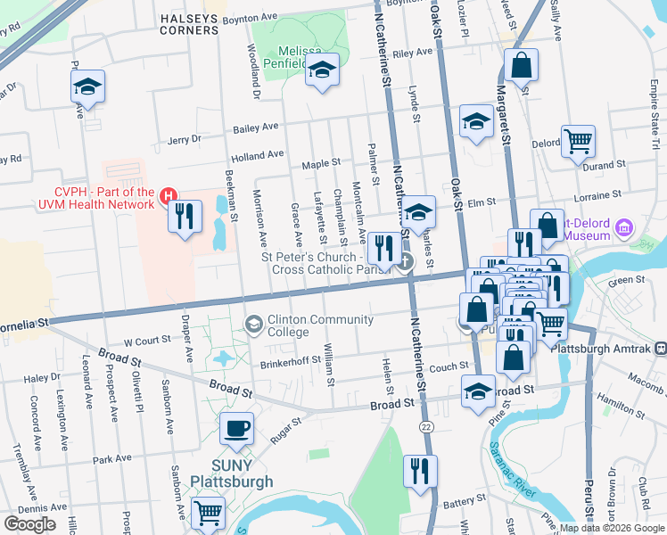 map of restaurants, bars, coffee shops, grocery stores, and more near 22 Lafayette Street in Plattsburgh