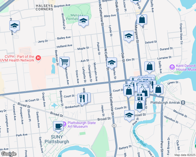 map of restaurants, bars, coffee shops, grocery stores, and more near 12 Montcalm Avenue in Plattsburgh