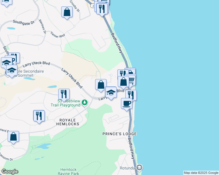 map of restaurants, bars, coffee shops, grocery stores, and more near 79 Bedros Lane in Halifax