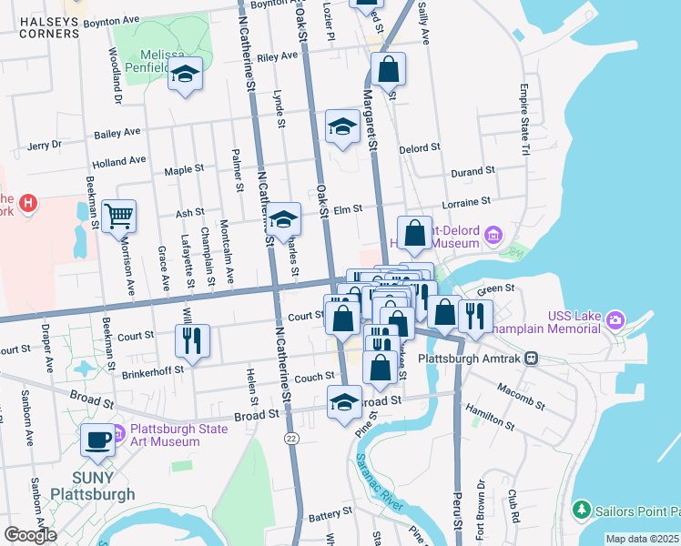 map of restaurants, bars, coffee shops, grocery stores, and more near 56 Cornelia Street in Plattsburgh