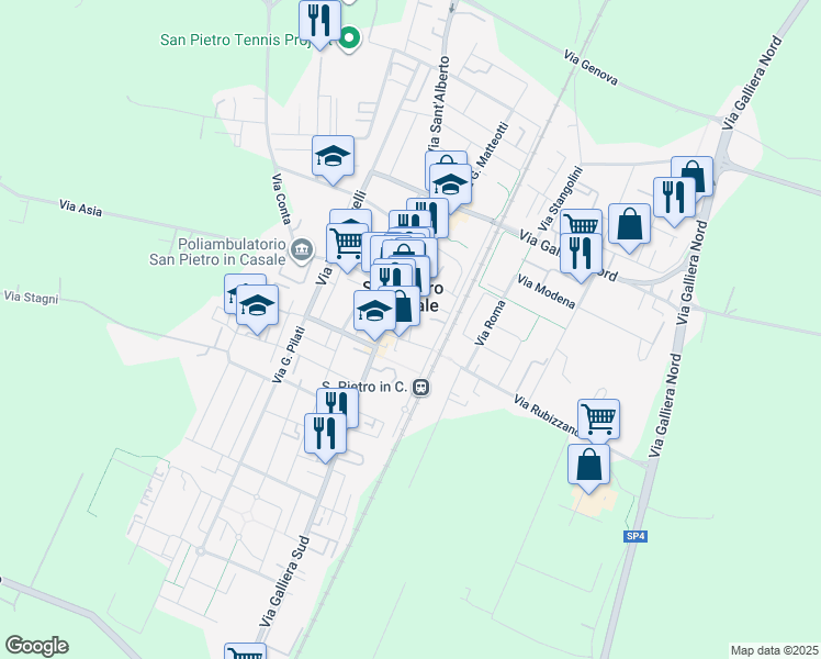 map of restaurants, bars, coffee shops, grocery stores, and more near in San Pietro In Casale