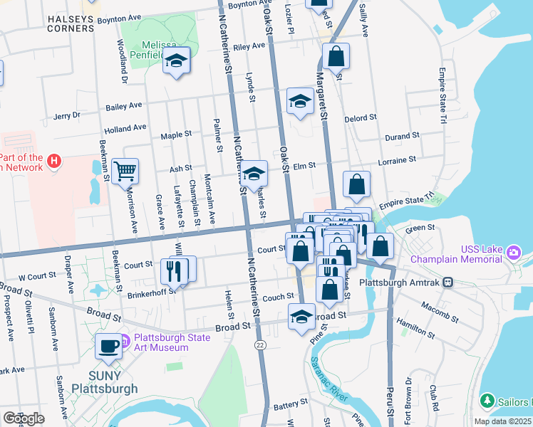 map of restaurants, bars, coffee shops, grocery stores, and more near 8 Saint Charles Street in Plattsburgh