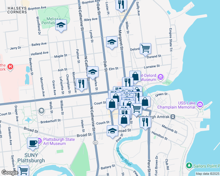 map of restaurants, bars, coffee shops, grocery stores, and more near 56 Cornelia Street in Plattsburgh
