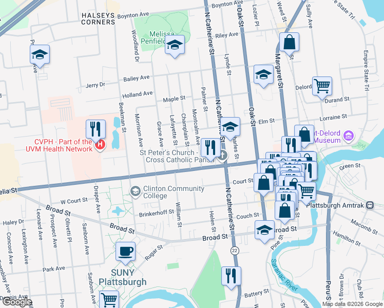 map of restaurants, bars, coffee shops, grocery stores, and more near 27 Montcalm Avenue in Plattsburgh