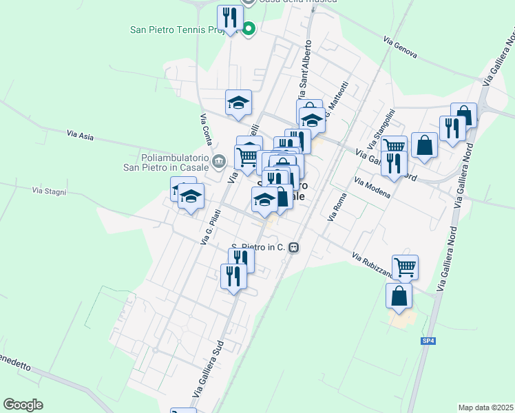 map of restaurants, bars, coffee shops, grocery stores, and more near 22 Via V. Pescerelli in San Pietro In Casale
