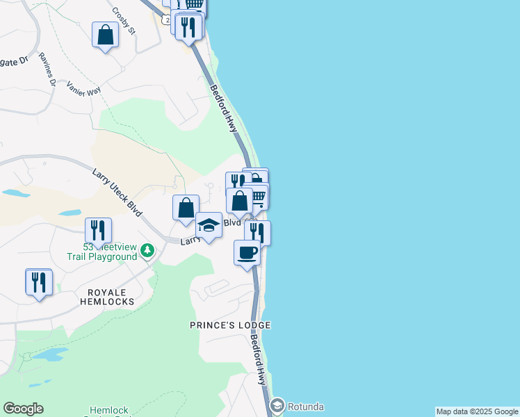 map of restaurants, bars, coffee shops, grocery stores, and more near 647 Bedford Highway in Halifax