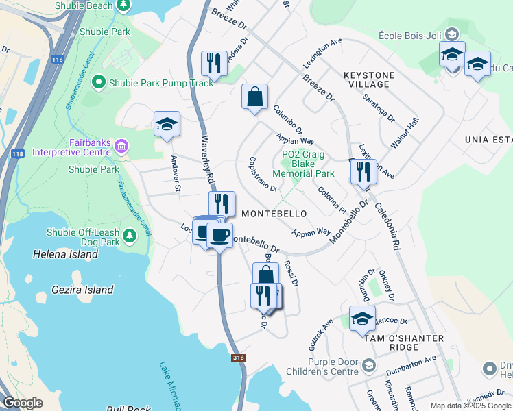 map of restaurants, bars, coffee shops, grocery stores, and more near 45 Appian Way in Dartmouth