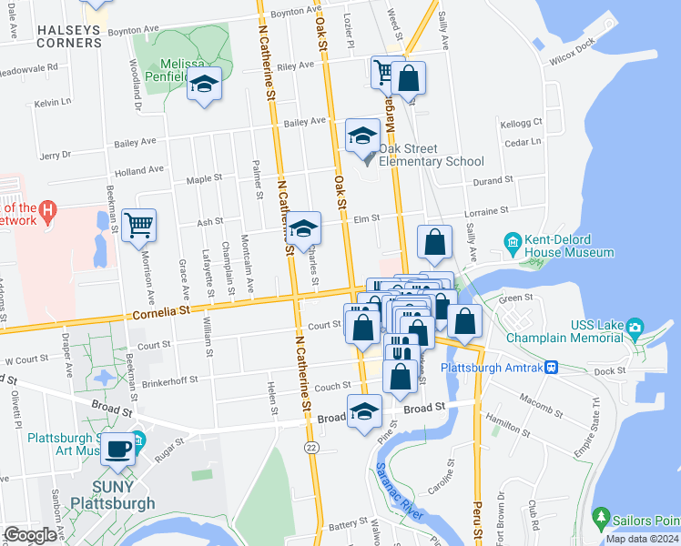 map of restaurants, bars, coffee shops, grocery stores, and more near 55 Oak Street in Plattsburgh